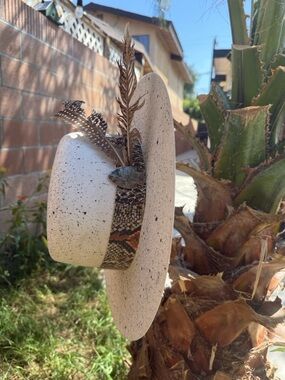 Wild Rose Hatworks Speckled White Wide Brim Hat with Snakeskin Band & Feather
